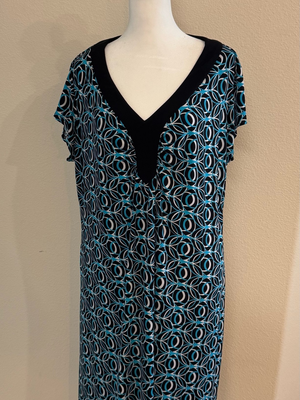 Chico's Black, Teal & White Geometric V-Neck Dress XL